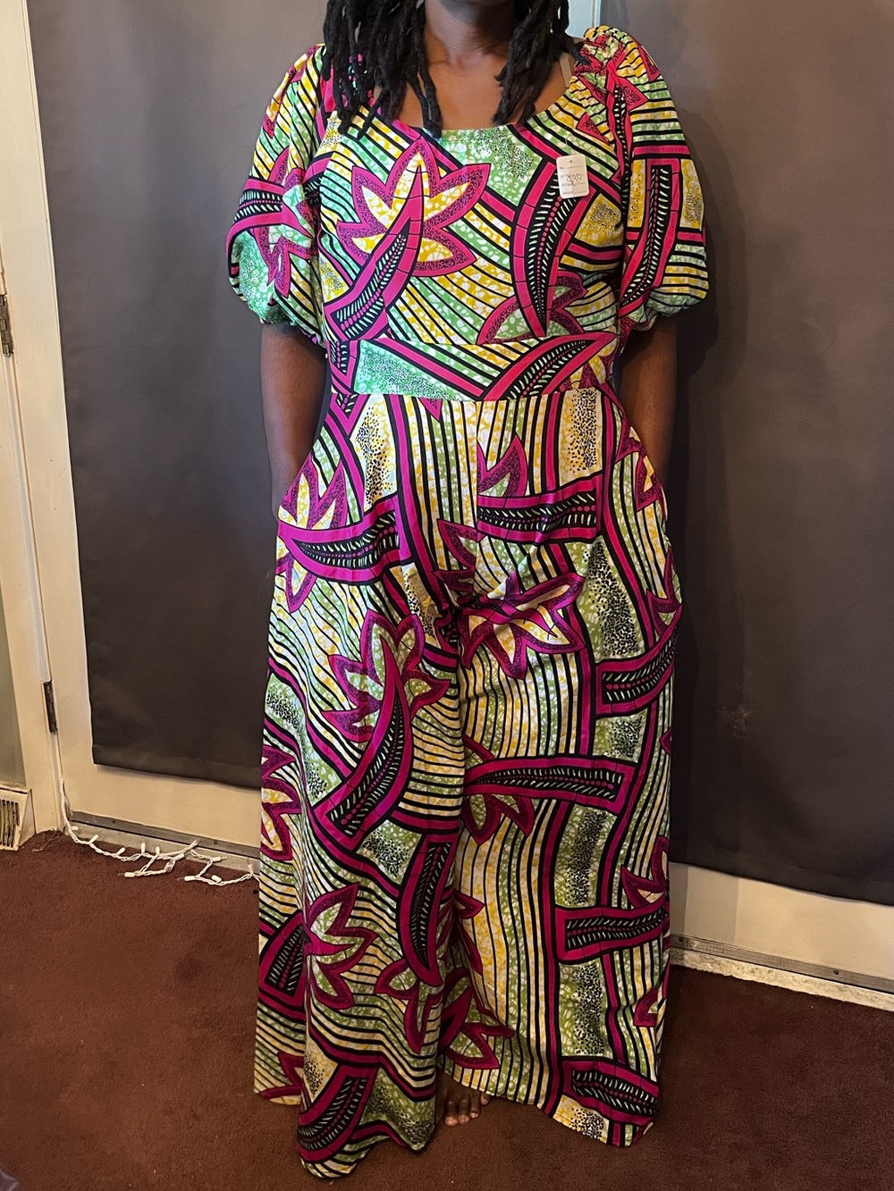 Bold Printed Romper with Pockets - Pink, Yellow, & Green